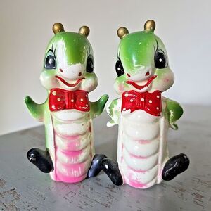 Japan Anthropomorphic Slug/Caterpillar in Bowtie Vintage Salt & Pepper Shakers